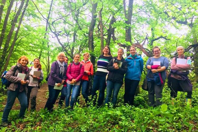 Gruppe bei einer Kräuterwanderung im Wald