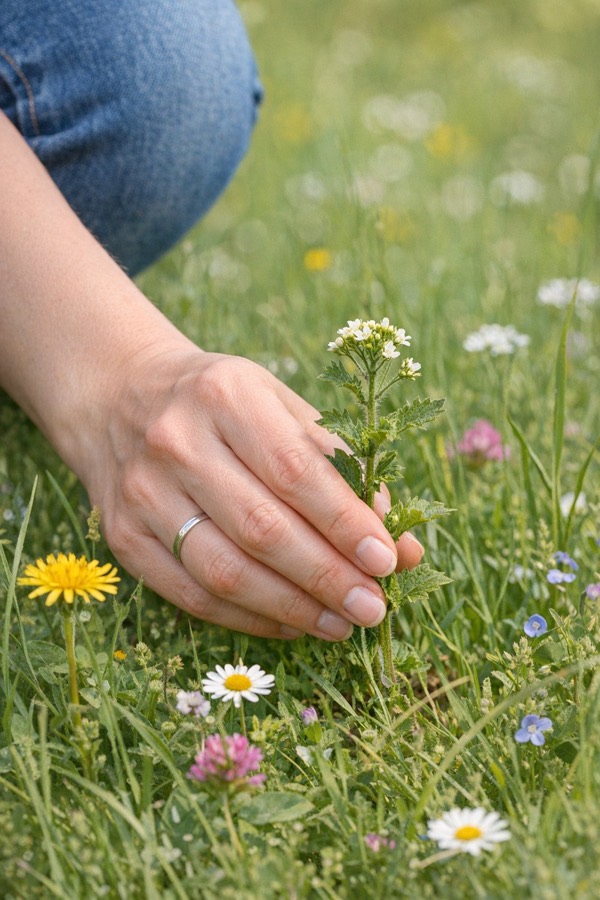 Hand pflückt ein Gänseblümchen auf der Wiese